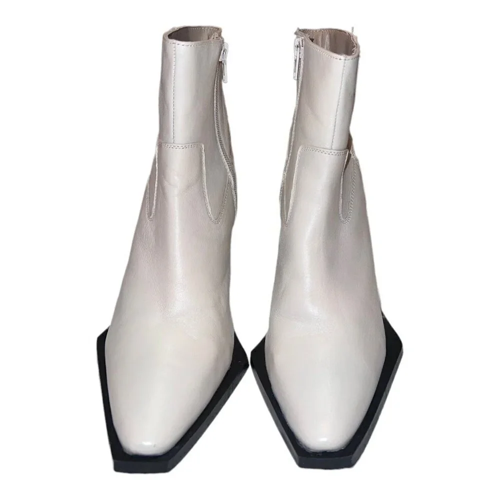 NASTY GAL Contrast Off White Leather Western Ankle Heel Boots - Picture 2 of 15
